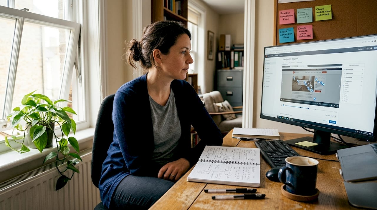 Woman reviewing website conversion audit in home office