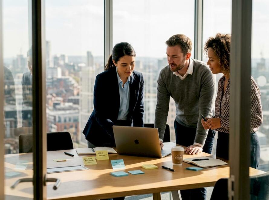 Team reviewing web design in modern office