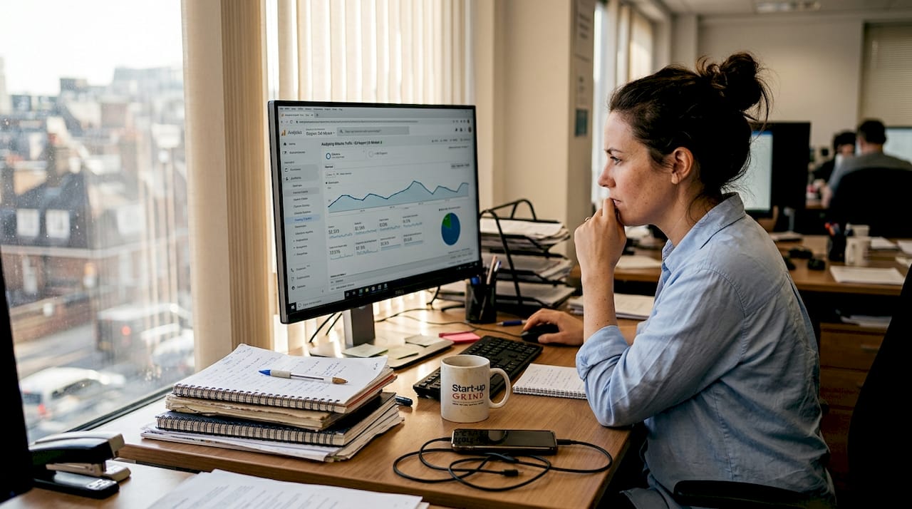 Business owner reviewing website analytics at desk
