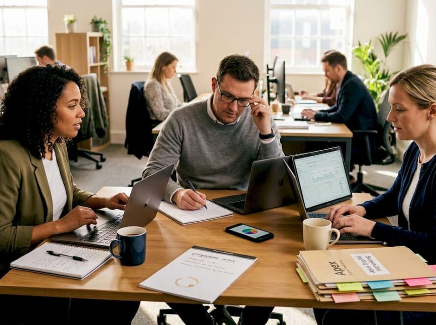 Digital marketing team collaborating in workspace