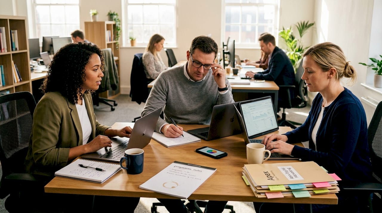 Digital marketing team collaborating in workspace