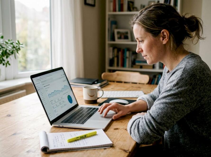 Professional reviewing website analytics at home office