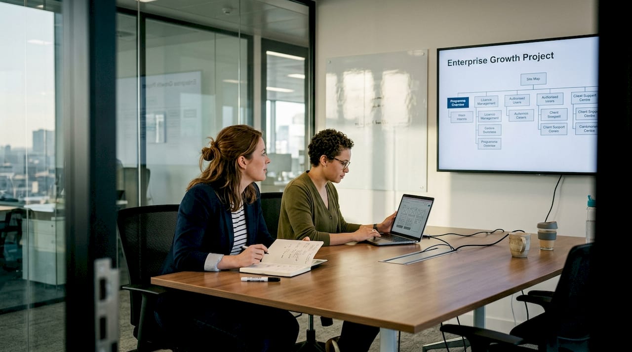 Team reviewing enterprise website design wireframes