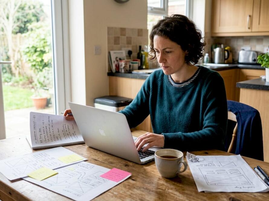 Marketer planning landing page workflow at kitchen table