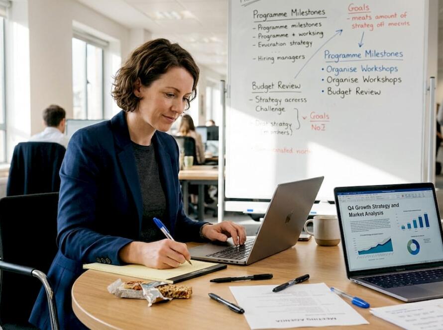 Businesswoman planning marketing strategy in office