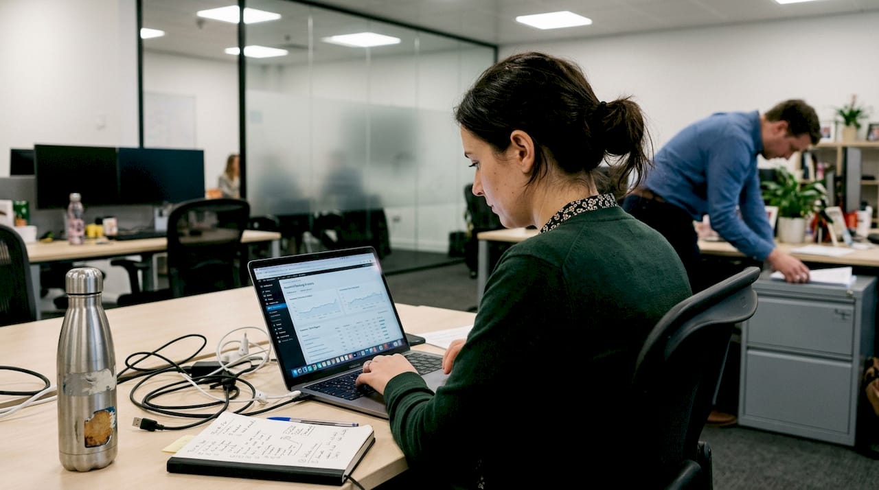 Agency employee reviews SEO report at busy office desk