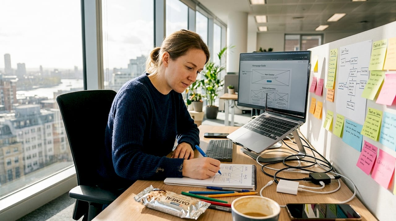 Designer sketching website layout goals