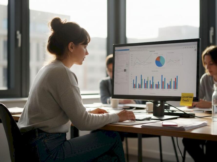 Marketer reviewing targeted ad data in office