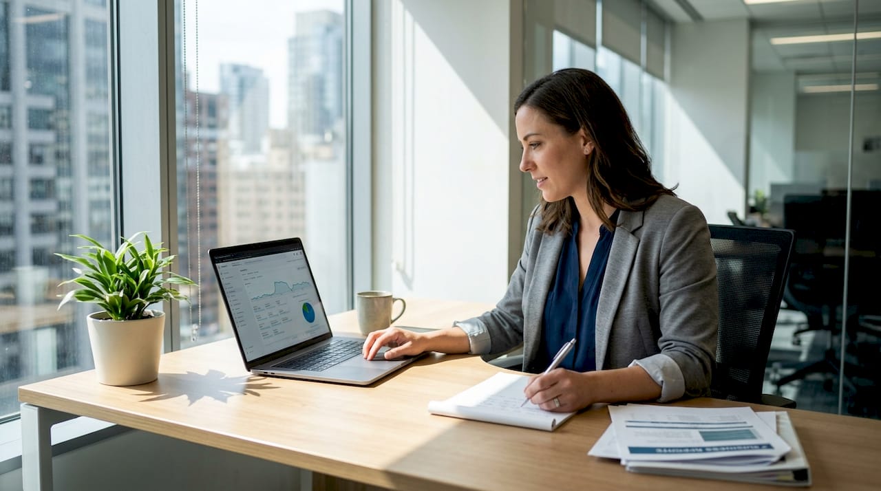 Manager reviewing website analytics at office desk
