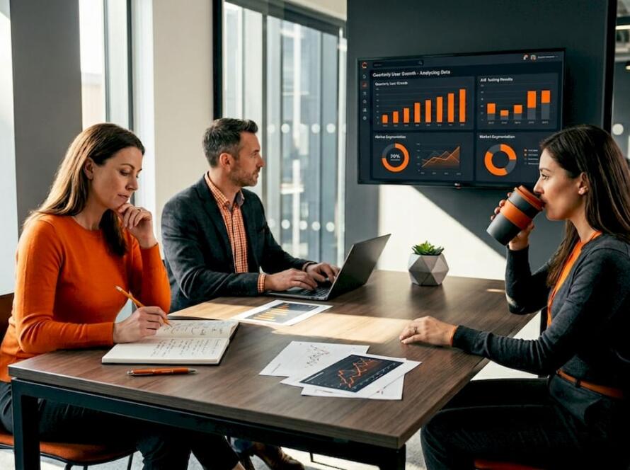 Team reviews analytics dashboard in office meeting